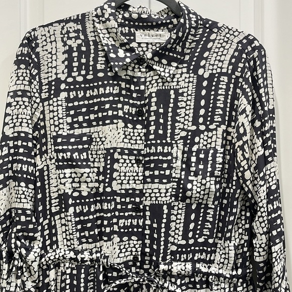 Velvet by Graham & Spencer Patterned Button Down Shirt Dress Grey & Cream Sz S - Picture 3 of 11